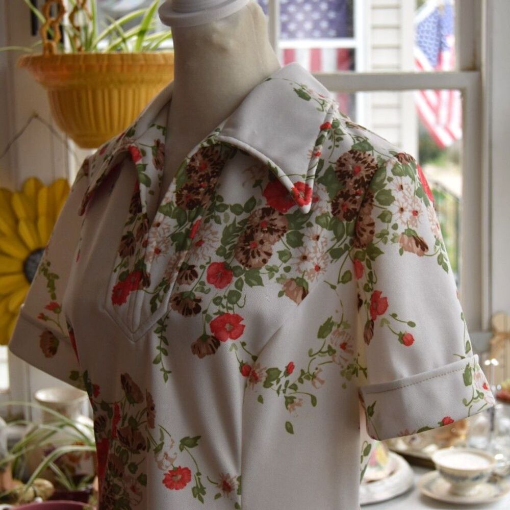 Vintage 1970s Floral Polyester Dress Pointed Collar A Line Midi Size L - Picture 5 of 7
